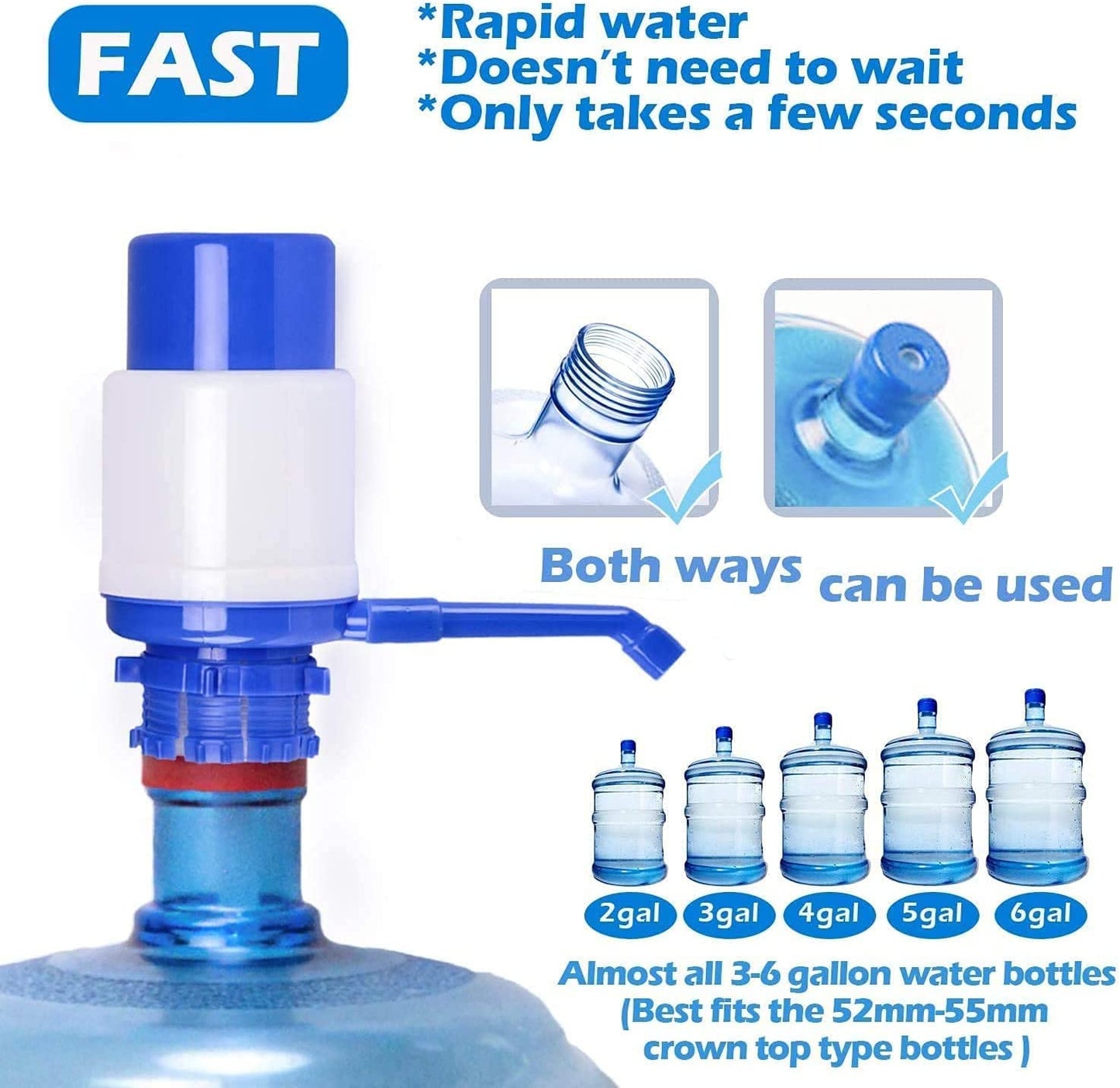 Water Bottles Pump Blue Manual Hand Pressure Pump Drinking Fountain Water Press Pump with an Extra Short Tube and Cap Fits Most 2-6 Gallon Water Coolers …