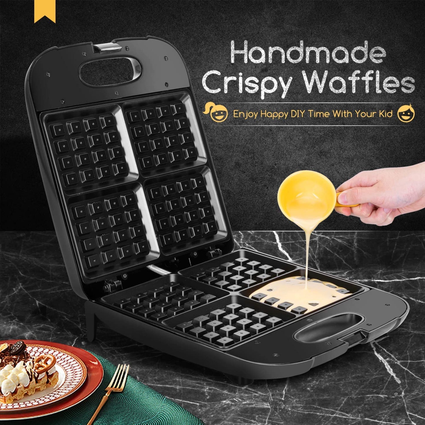 Waffle Maker, 4-Slice Nonstick Waffle Iron, 1400W Square Waffle Machine with Indicator Lights for Hash Browns, Snacks, Breakfast & Lunch, Easy to Clean, PFOA Free, ETL Certificated, Black