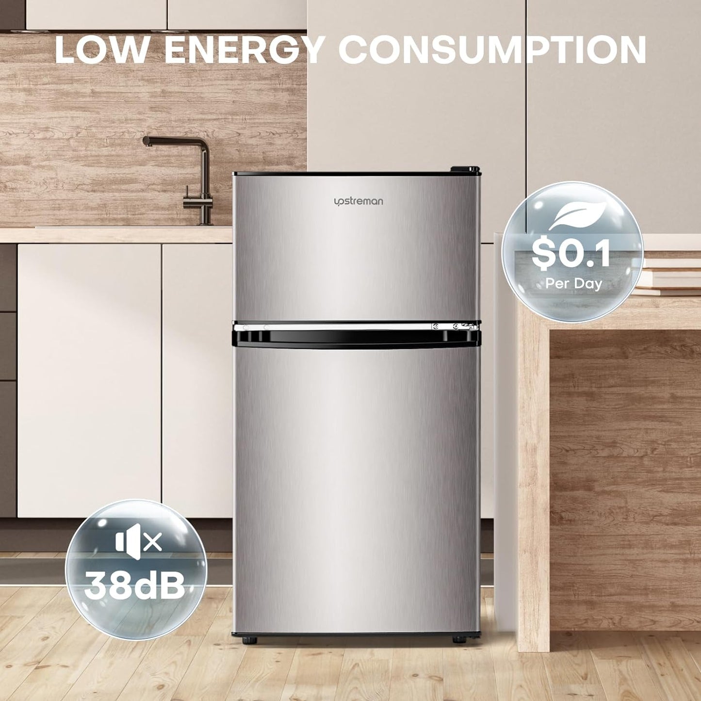 3.2 Cu.Ft Mini Fridge with Freezer, Stainless Steel 2 Door, Adjustable Thermostat, Low Noise, Energy-Efficient, Compact Refrigerator for Dorm, Office, Bedroom