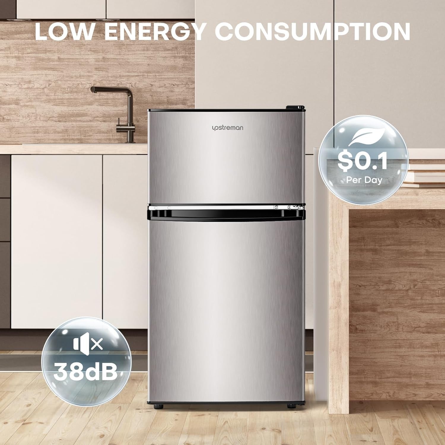 3.2 Cu.Ft Mini Fridge with Freezer, Stainless Steel 2 Door, Adjustable Thermostat, Low Noise, Energy-Efficient, Compact Refrigerator for Dorm, Office, Bedroom