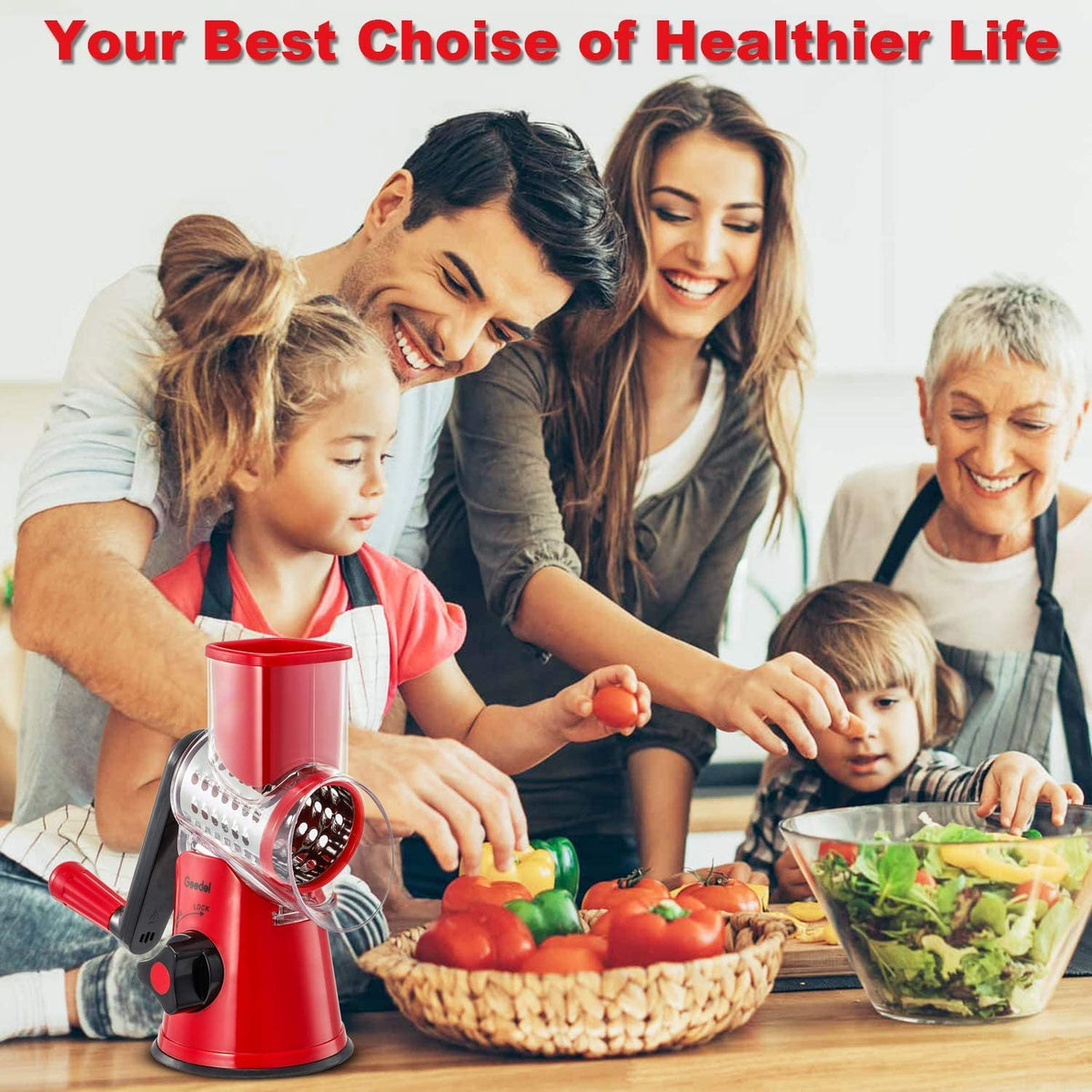 Rotary Cheese Grater, Kitchen Mandoline Grater with 2 Drum Blades, Easy to Clean Rotary Grater Cheese Shredder for Fruit, Vegetables, Nuts