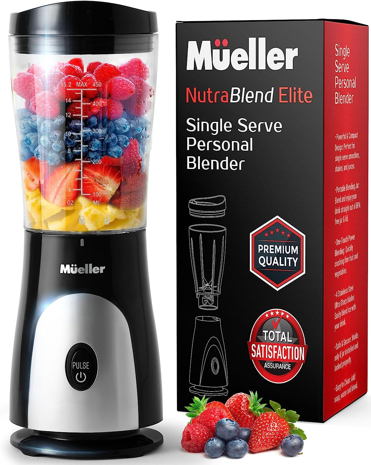 Mueller Ultra Bullet Personal Blender for Shakes and Smoothies with 15 Oz Travel Cup and Lid, Juices, Baby Food, Heavy-Duty Portable Blender & Food Processor, Black