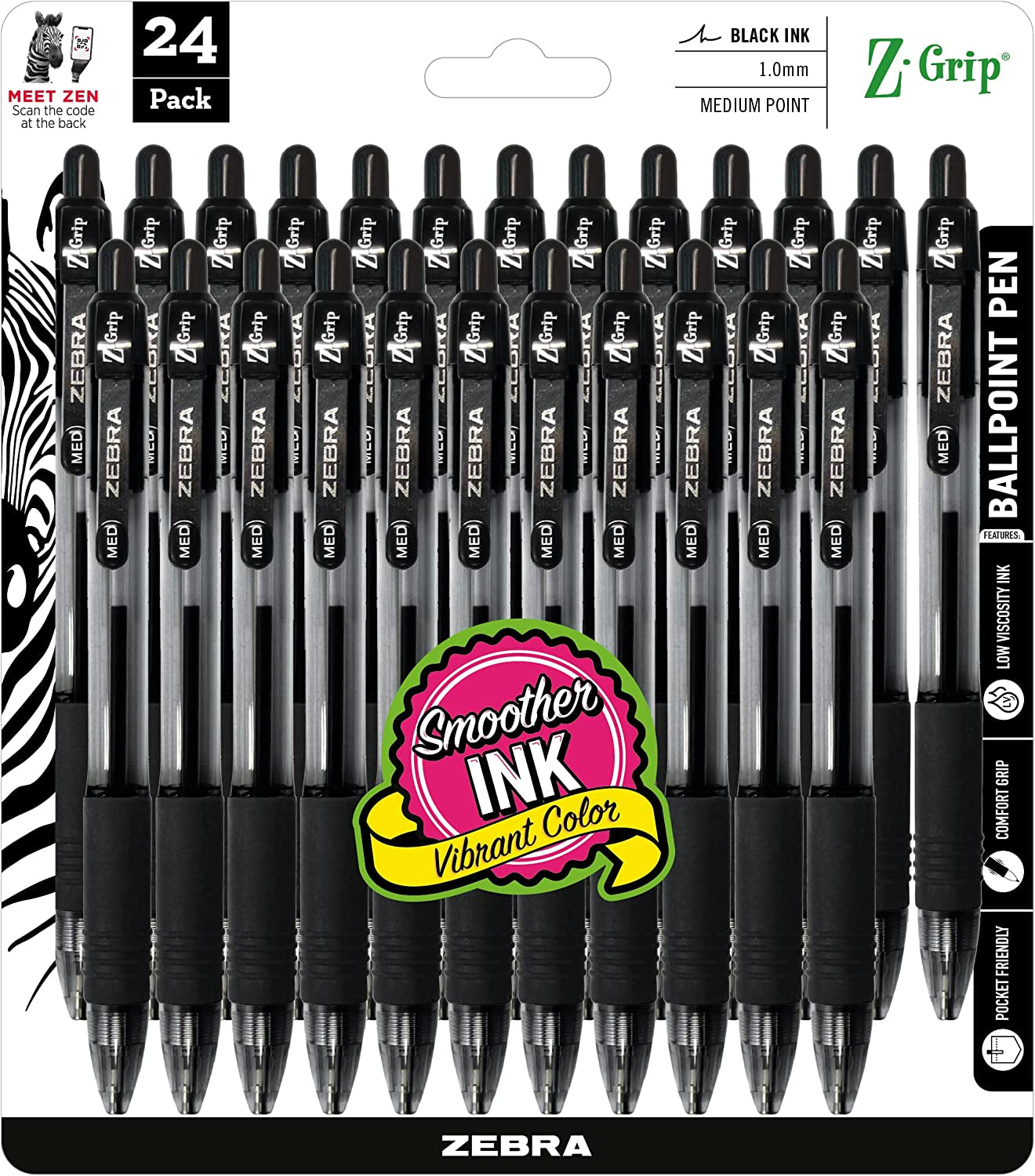 Zebra(R) Z-Grip(Tm) Retractable Ballpoint Pens, 1.0 Mm, Medium Point, Clear Barrel, Black Ink, Pack of 24, 12221