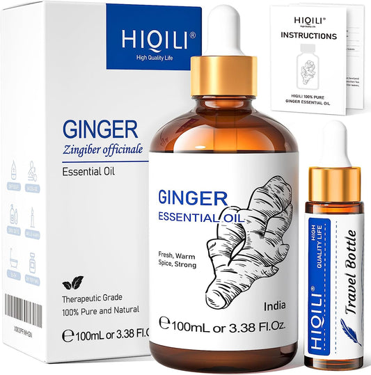 Pure Ginger Essential Oil for Lymphatic Drainage Massage, Swelling Pain, Skin, Hair, Diffuser,Large Bottle with Dropper & Gift Box-100Ml