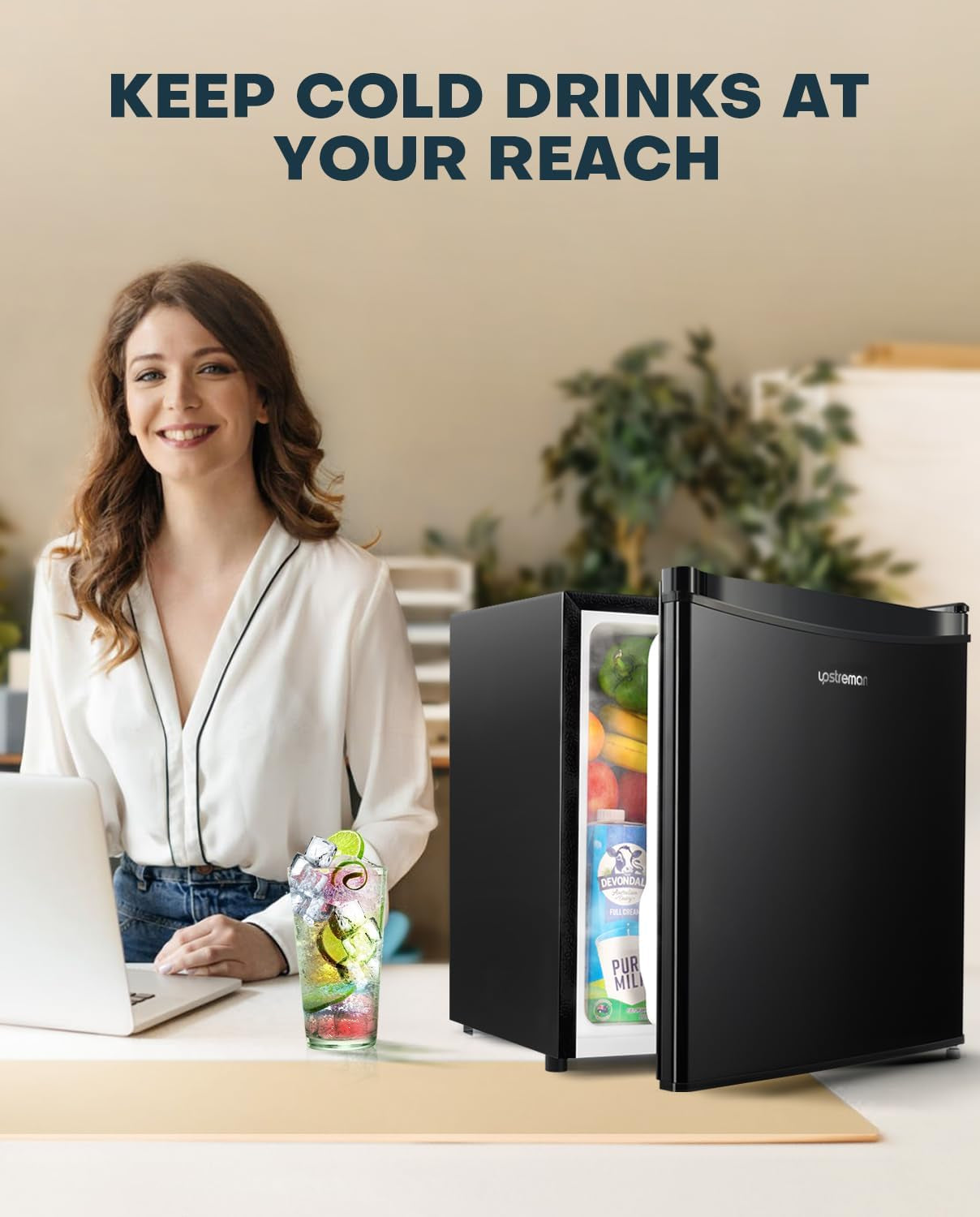 1.7 Cu.Ft Mini Fridge with Freezer, Adjustable Thermostat, Energy Saving, Low Noise, Single Door Compact Refrigerator for Dorm, Office, Bedroom, Black-Fr17