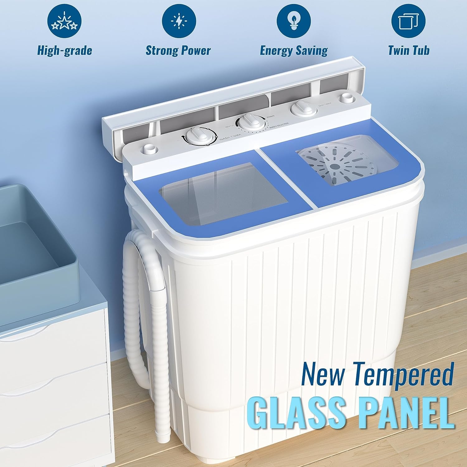 21.6 LBS Portable Washing Machine, 2 in 1 Mini Compact Twin Tub Washer and Spin Dryer with Built-In Gravity Drain Time Control, 9 Lbs Spinner Load Capacity for Home/Apartment/Dorms/Rv(Blue)