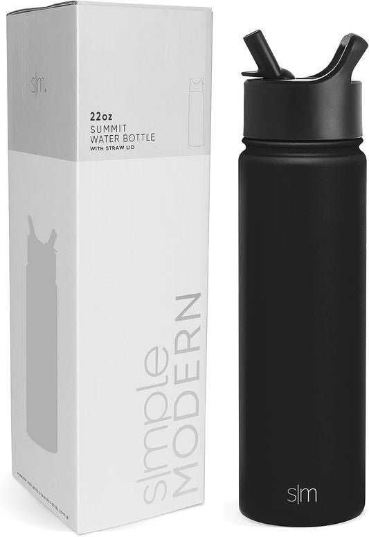 Water Bottle with Straw Lid Vacuum Insulated Stainless Steel Metal Thermos Bottles | Reusable Leak Proof Bpa-Free Flask for Gym Sports | Summit Collection | 22Oz, Midnight Black