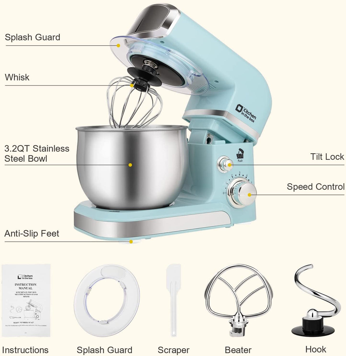 Stand Mixer,3.2Qt Small Electric Food Mixer,6 Speeds Portable Lightweight Kitchen Mixer for Daily Use with Egg Whisk,Dough Hook,Flat Beater (Blue)