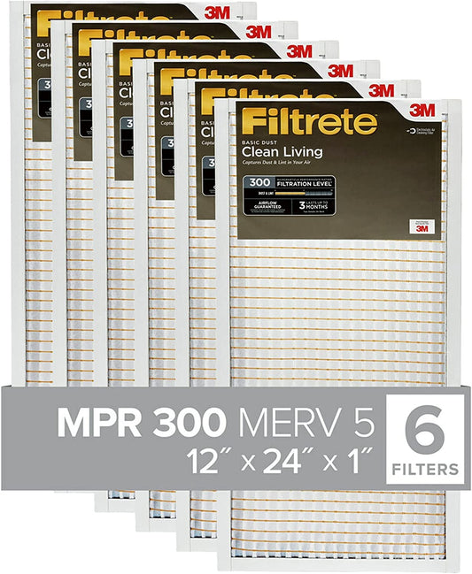 12X24X1 Air Filter, MPR 300, MERV 5, Clean Living Basic Dust 3-Month Pleated 1-Inch Air Filters, 6 Filters