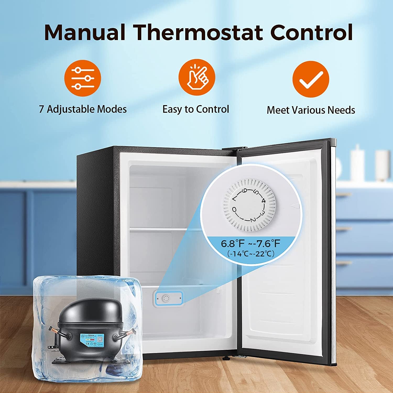 3.0 Cu.Ft Compact Upright Freezer with Reversible Single Door,Removable Shelves Mini Freezer with Adjustable Thermostat for Home/Kitchen/Office (3.0 Cu.Ft, Stainless Steel)