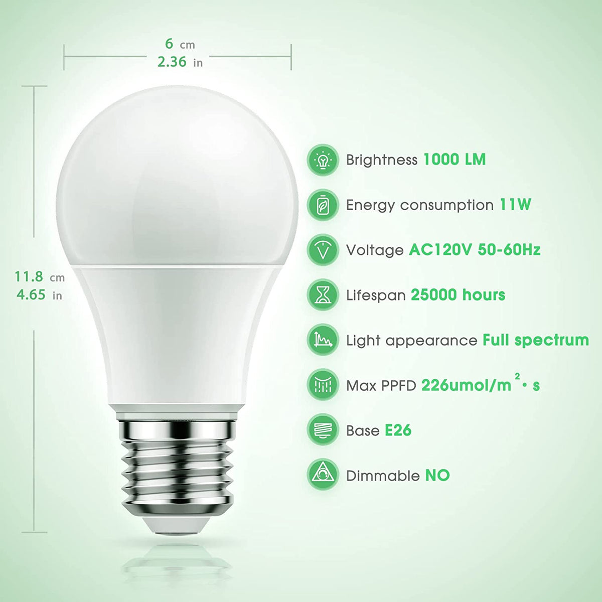 Grow Light Bulbs, LED Grow Light Bulb A19 Bulb, Full Spectrum Grow Light Bulb, Plant Light Bulbs E26 Base, 11W Grow Bulb 100W Equivalent, Grow Light for Indoor Plants, Seed Starting, 2Pack