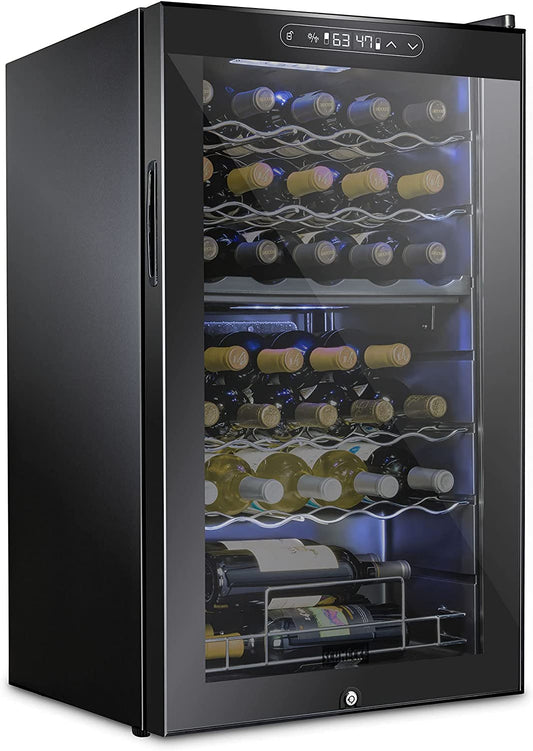 SCHMECKE 33 Bottle Dual Zone Wine Cooler Refrigerator W/Lock | Large Freestanding Wine Cellar | 41F-64F Digital Temperature Control Wine Fridge for Red, White, Champagne or Sparkling Wine - Black
