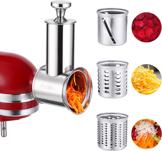 Stainless Steel Slicer Shredder Attachments for Kitchenaid Stand Mixers, Dishwasher Safe, Large Vegetable Cheese Grater Slicer Accessories with 3 Blades by