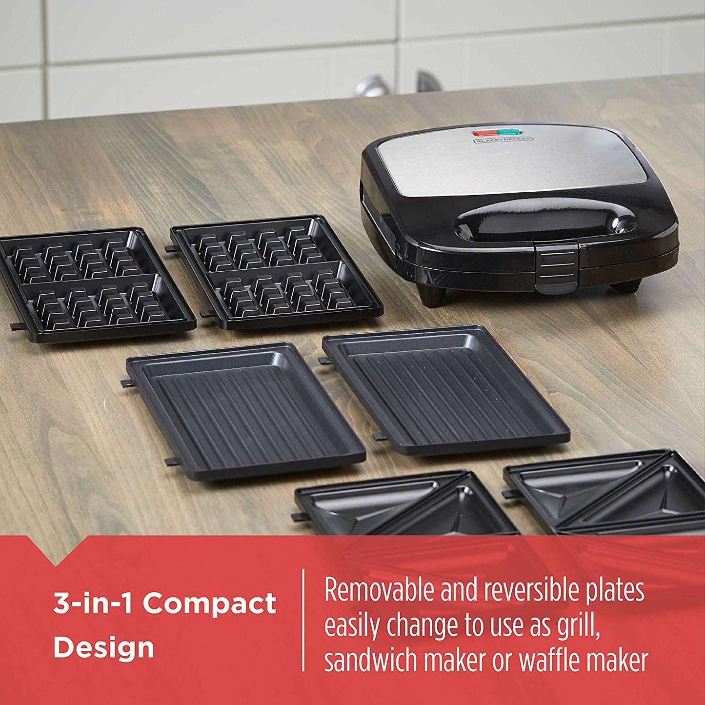 3-In-1 WM2000SD 3-In-1 Waffle, Grill & Sandwich Maker, Compact Design, Black/Silver