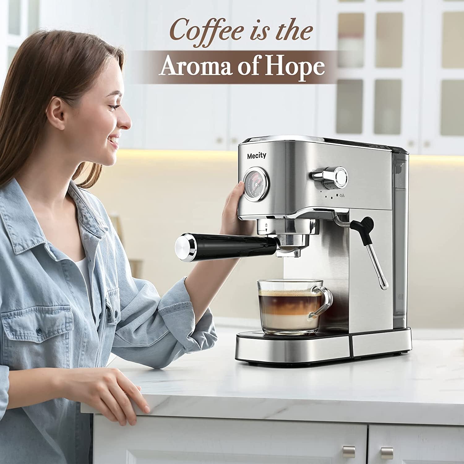 20 Bar Espresso Machine, Professional Cappuccino Maker with Milk Frother Steam Wand, Brushed Stainless Steel Coffee Machine 37 Oz Removable Water Reservoir, 1350W