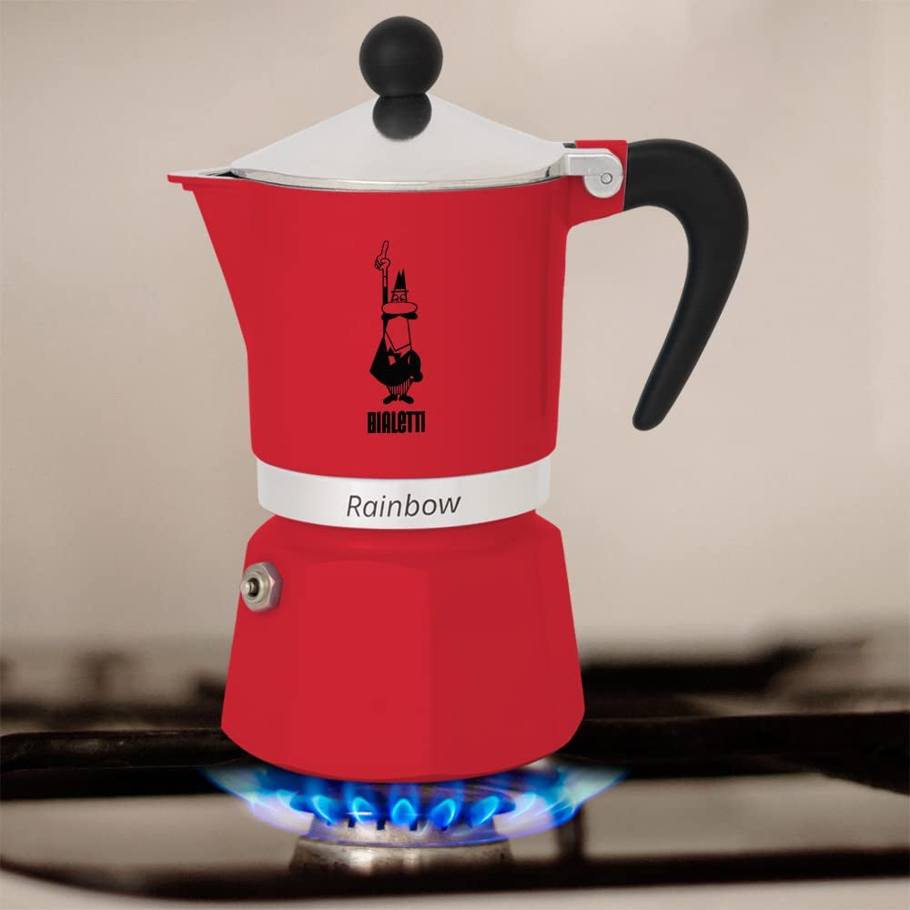 - Rainbow: Stovetop Espresso Maker, Moka Pot 3 Cups (4.3 Oz - 130 Ml), Aluminium, Red