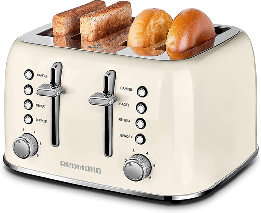 Toaster 4 Slice, Retro Stainless Steel Toaster with Extra Wide Slots Bagel, Defrost, Reheat Function, Dual Independent Control Panel, Removable Crumb Tray, 6 Shade Settings and High Lift Lever, Cream White, New Version