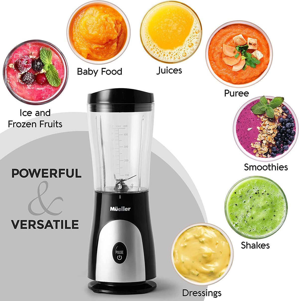 Mueller Ultra Bullet Personal Blender for Shakes and Smoothies with 15 Oz Travel Cup and Lid, Juices, Baby Food, Heavy-Duty Portable Blender & Food Processor, Black
