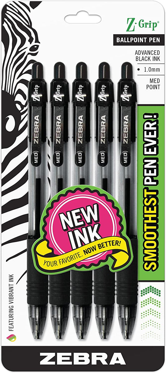 Z-Grip Retractable Ballpoint Pen, Medium Point, 1.0Mm, Black Ink - 5 Pieces (22215)
