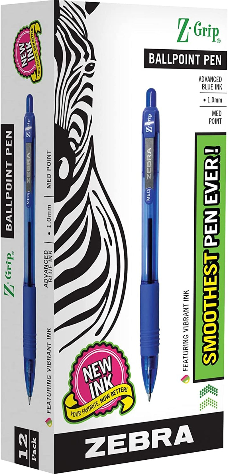Zebra® Z-Grip™ Retractable Ballpoint Pens, Medium Point, 1.0 Mm, Clear Barrel, Blue Ink, Pack of 12