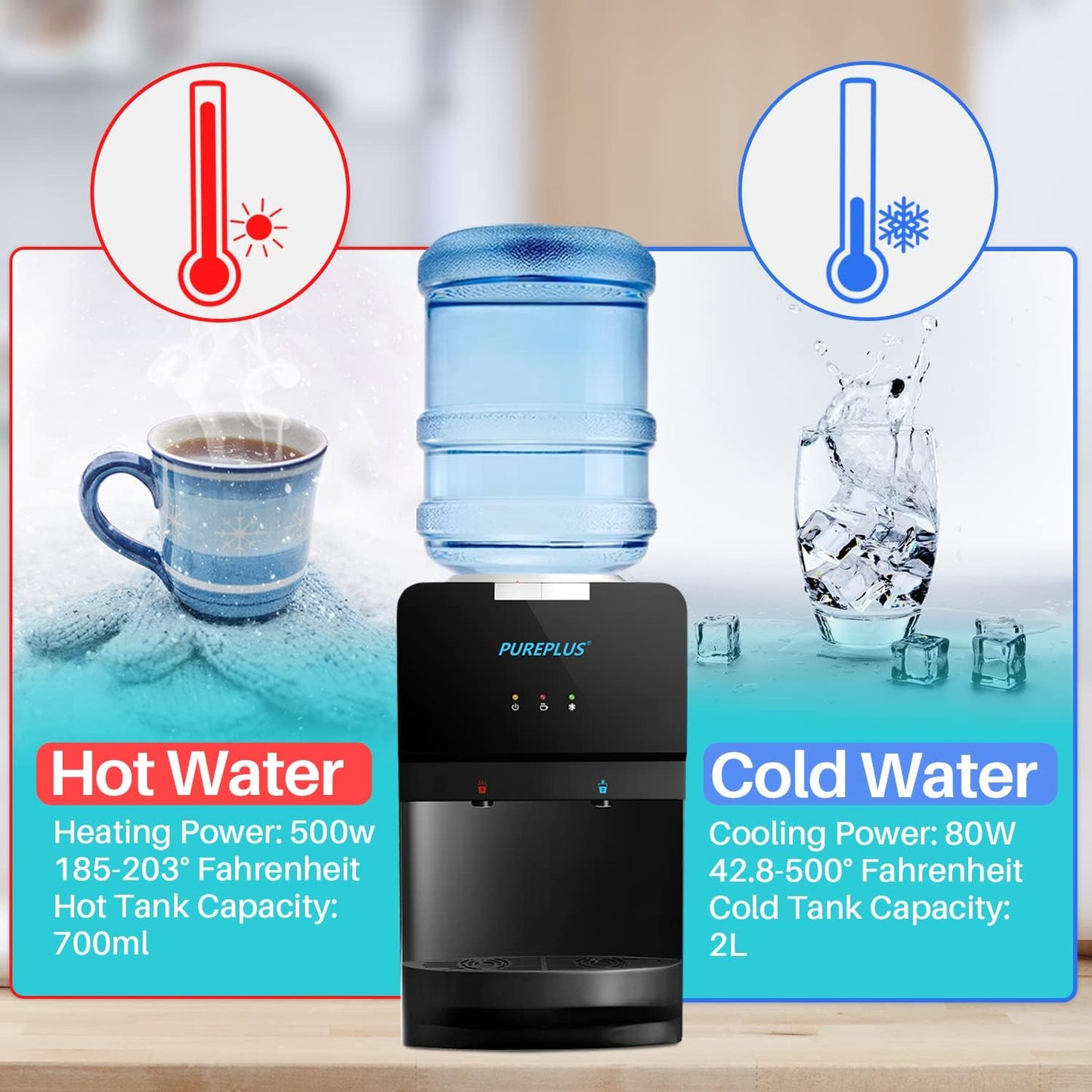 Water Cooler Top Loading Countertop Water Cooler Dispenser, Hot & Cold Water, Child Safety Lock, Holds 3 or 5 Gallon Bottles, Compression Refrigeration Technology, White