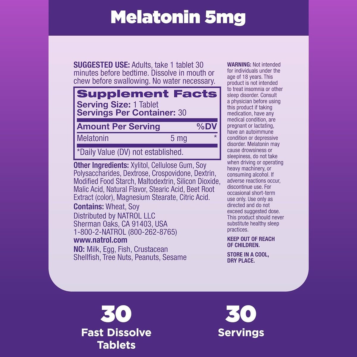 Melatonin 5Mg, Strawberry-Flavored Dietary Supplement for Restful Sleep, 30 Fast-Dissolve Tablets, 30 Day Supply