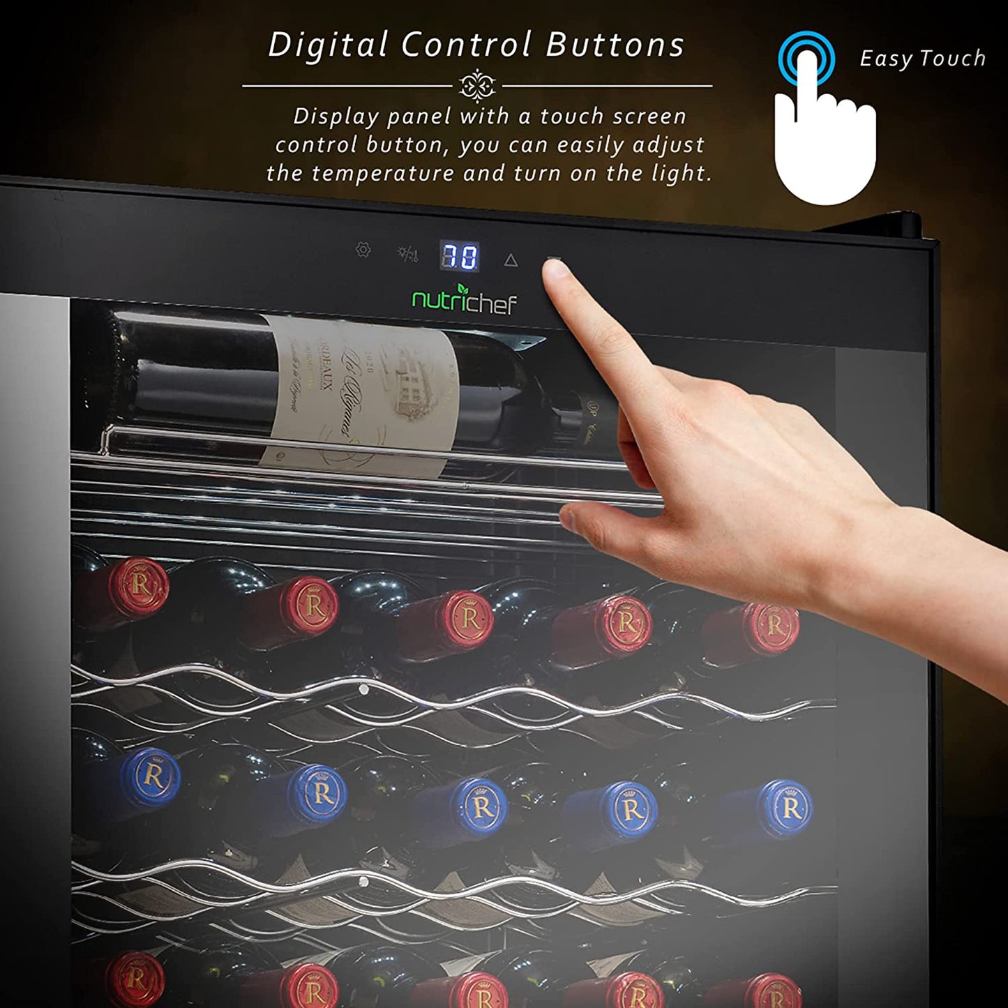 34 Bottle Compressor Wine Cooler Refrigerator Cooling System | Large Freestanding Wine Cellar Fridge for Red and White Champagne or Sparkling, Black Glass Door