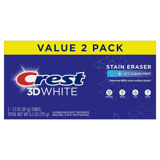 3D White Stain Eraser Teeth Whitening Toothpaste, ICY Clean Mint, 3.1 Oz, Pack of 2