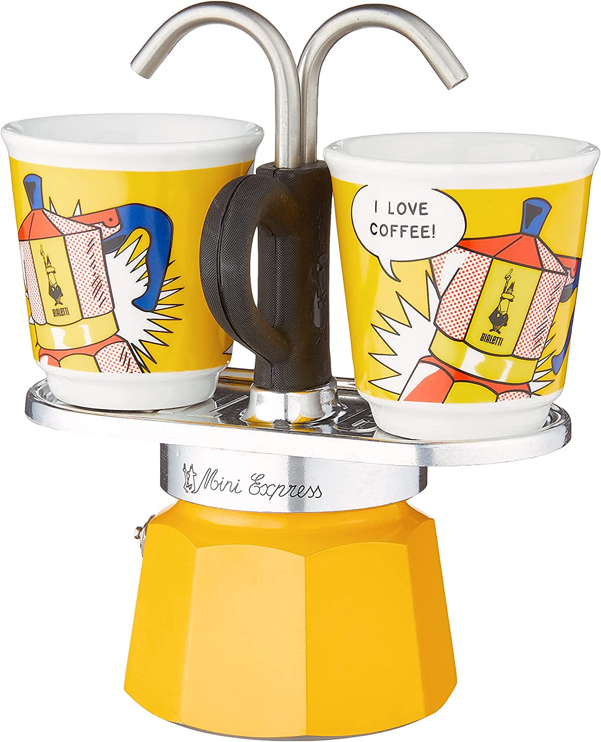 - Mini Express Lichtenstein: Moka Set Includes Coffee Maker 2-Cup (2.8 Oz) + 2 Shot Glasses, Yellow, Aluminium