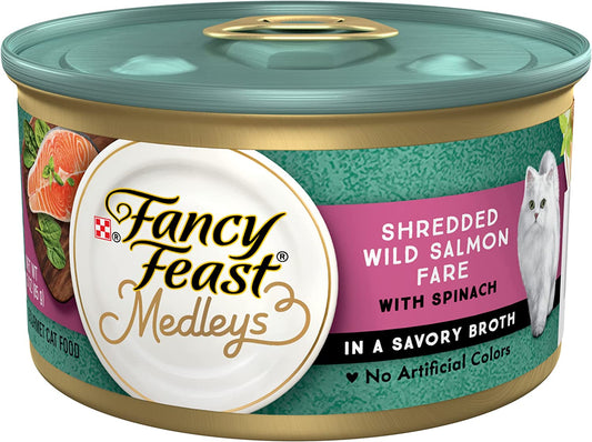 Wet Cat Food, Medleys Shredded Wild Salmon Fare with Spinach in a Savory Cat Food Broth - (24) 3 Oz. Cans