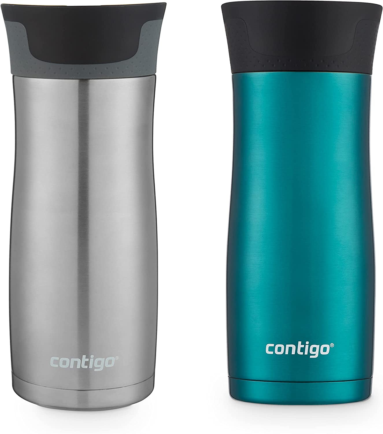 West Loop Stainless Steel Vacuum-Insulated Travel Mug with Spill-Proof Lid, Keeps Drinks Hot up to 5 Hours and Cold up to 12 Hours, 16Oz 2-Pack, Spirulina & Steel
