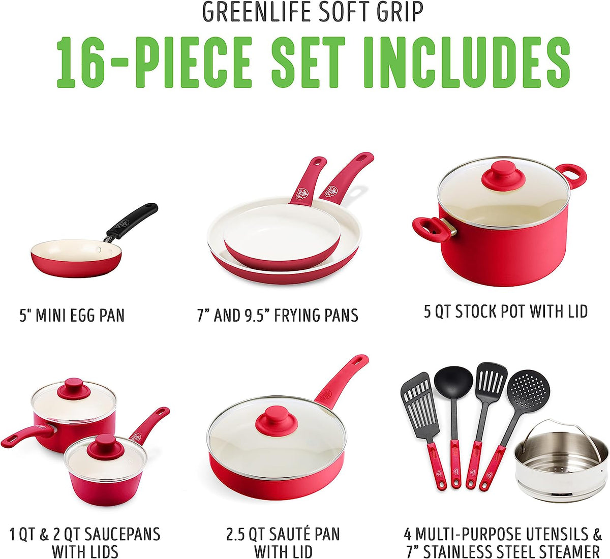 Soft Grip Healthy Ceramic Nonstick 16 Piece Kitchen Cookware Pots and Frying Sauce Pans Set, Pfas-Free, Dishwasher Safe, Red