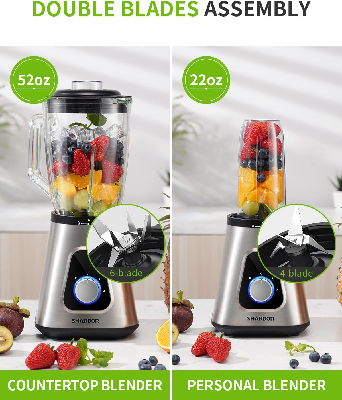 1200W Blender for Shake and Smoothies, Countertop Blender and Personal Blender Combo, 52Oz Glass Jar, 22Oz Travel Cup + 3 Adjustable Speed Control for Frozen Fruit Drinks, Smoothies, Sauces, Sliver