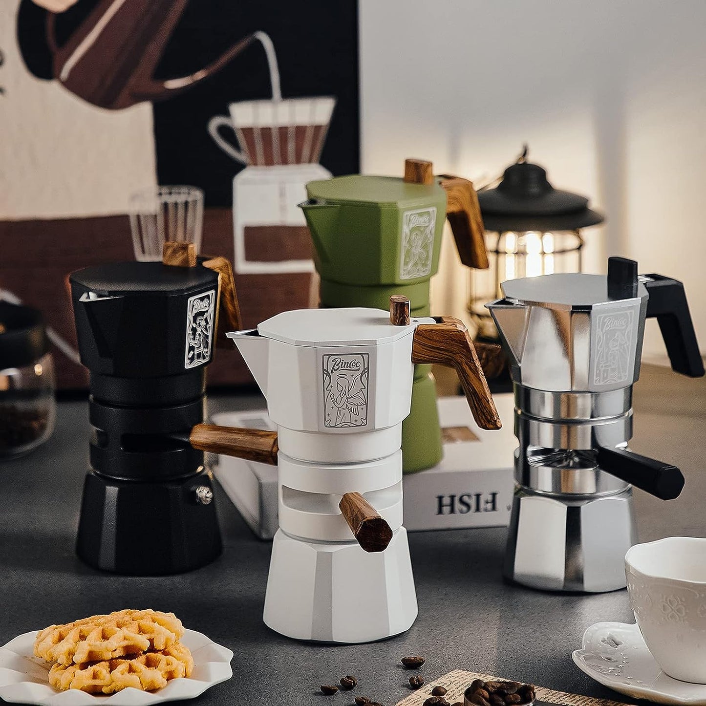 120ML/2 Cup Stovetop Espresso Maker Double Valve Moka Pot with Thermostat Extractor Prevent Over-Extraction,Italian Espresso Moka Pot with Powder Dispenser and Filter Paper for Home(Black)