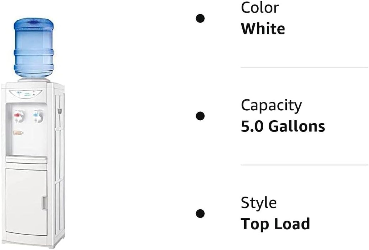 Water Cooler Dispenser 5 Gallon, Top Loading Water Dispenser Hot and Cold Water Dispenser with Storage Cabinet Child Safety Lock for Home Office, White