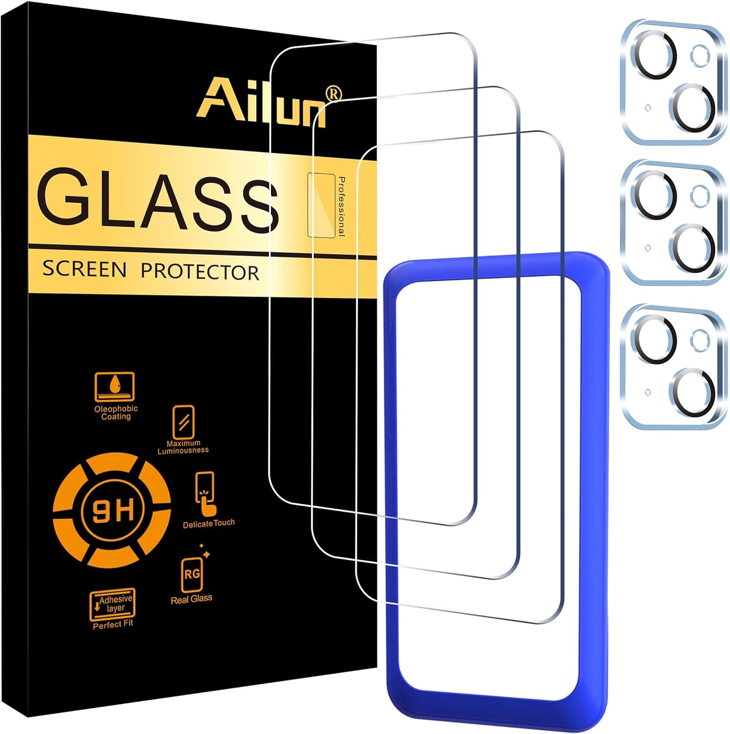 3 Pack Screen Protector for Iphone 15 plus [6.7 Inch] + 3 Pack Camera Lens Protector with Installation Frame,Case Friendly Tempered Glass Film,[9H Hardness] - HD[6 Pack]