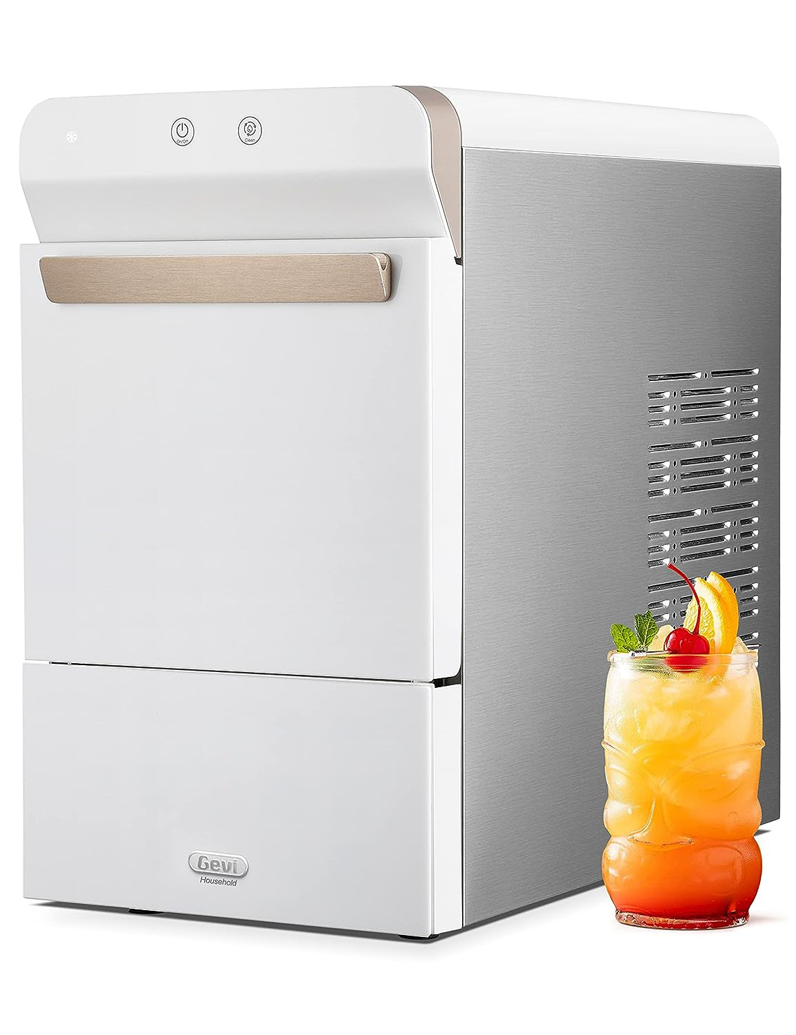 V2.0 Countertop Nugget Ice Maker | Self-Cleaning Pellet Ice Machine | Open and Pour Water Refill | Stainless Steel Housing | Fit under Wall Cabinet | White