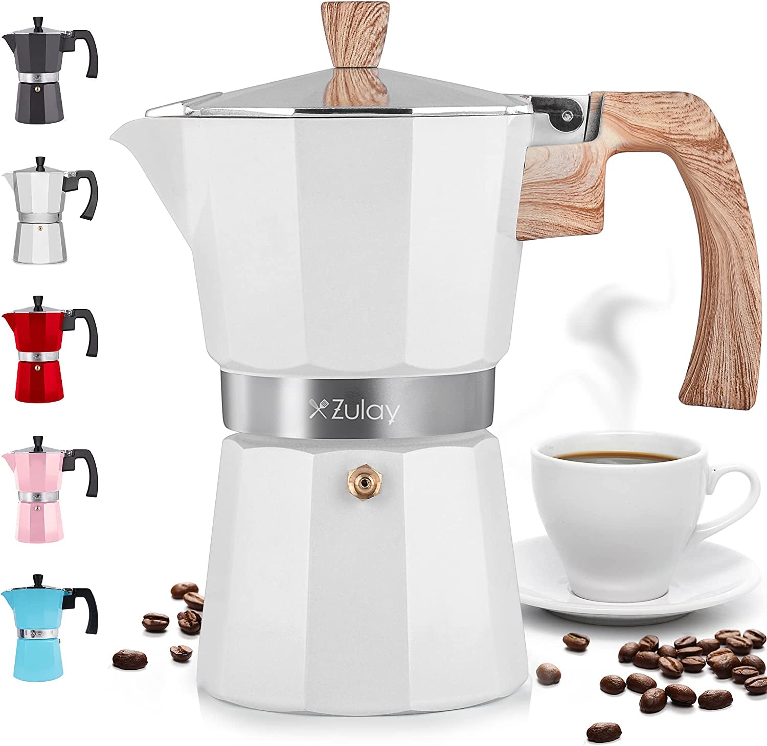 Zulay Classic Italian Style 5.5 Espresso Cup Moka Pot, Stovetop Maker for Great Flavored Strong Espresso, Makes Delicious Coffee, Easy to Operate & Quick Cleanup Pot (White)