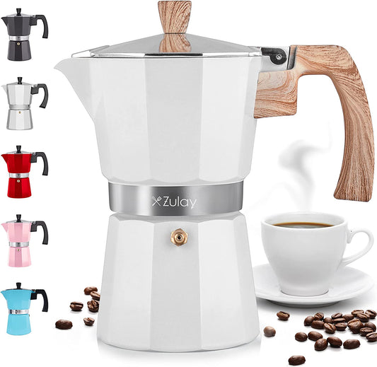 Zulay Classic Italian Style 5.5 Espresso Cup Moka Pot, Stovetop Maker for Great Flavored Strong Espresso, Makes Delicious Coffee, Easy to Operate & Quick Cleanup Pot (White)