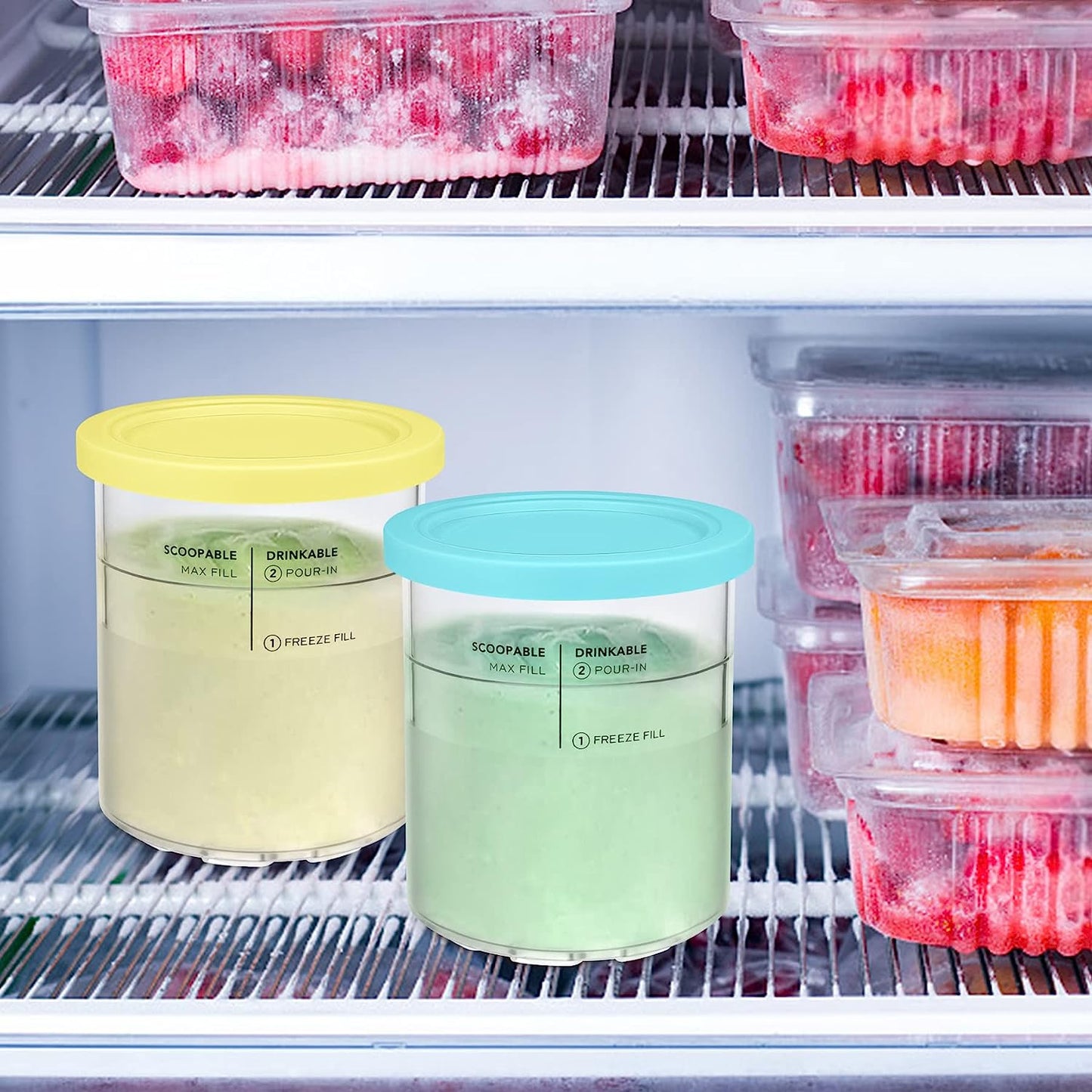 24 Oz. Containers | Extra Replacement Pints and Lids - Compatilbe with Ninja Creami NC501, NC500 Series/Deluxe 11-In-1 Ice Cream Maker (2 Pack - Blue, Yellow)
