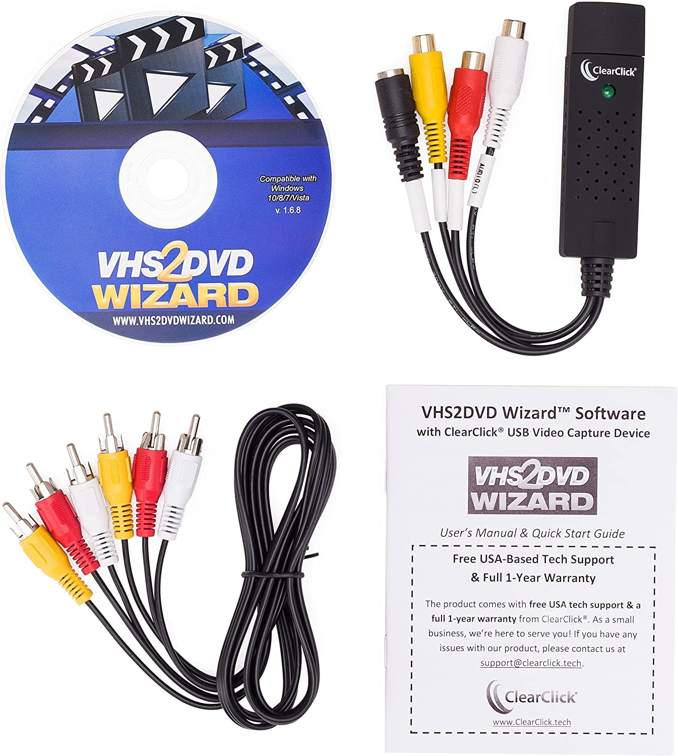 VHS to DVD Wizard with USB Video Grabber & Free USA Tech Support