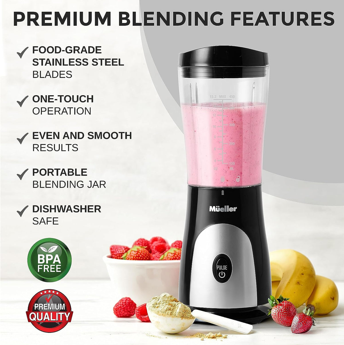 Mueller Ultra Bullet Personal Blender for Shakes and Smoothies with 15 Oz Travel Cup and Lid, Juices, Baby Food, Heavy-Duty Portable Blender & Food Processor, Black