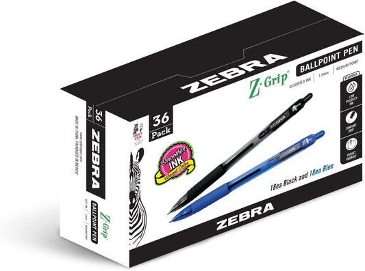 Z-Grip Retractable Ballpoint Pen, Medium Point, 1.0Mm, Blue and Black Ink, 36-Pack