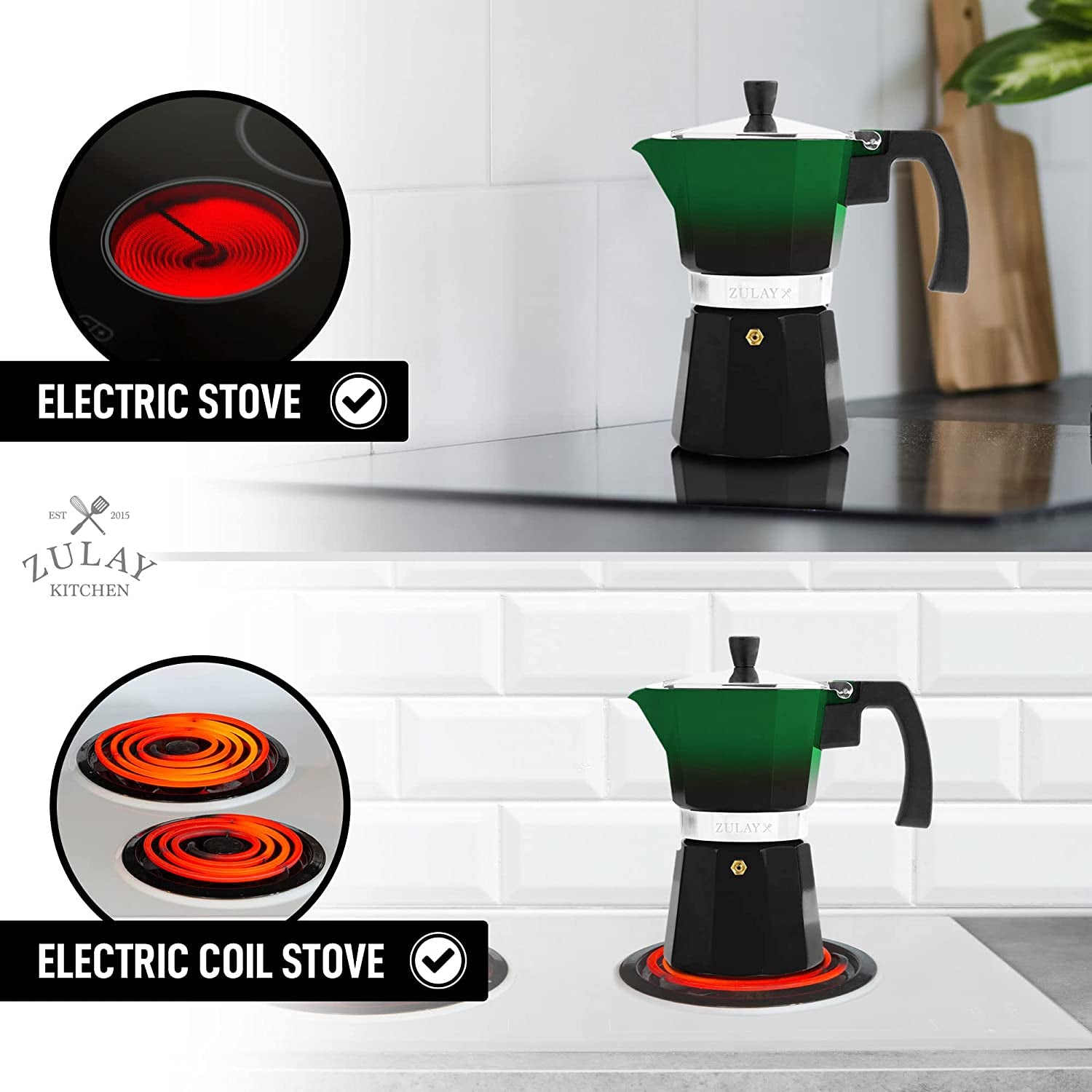 Zulay Classic Stovetop Espresso Maker for Great Flavored Strong Espresso, Classic Italian Style 3 Espresso Cup Moka Pot, Makes Delicious Coffee, Easy to Operate & Quick Cleanup Pot (Green/Black)