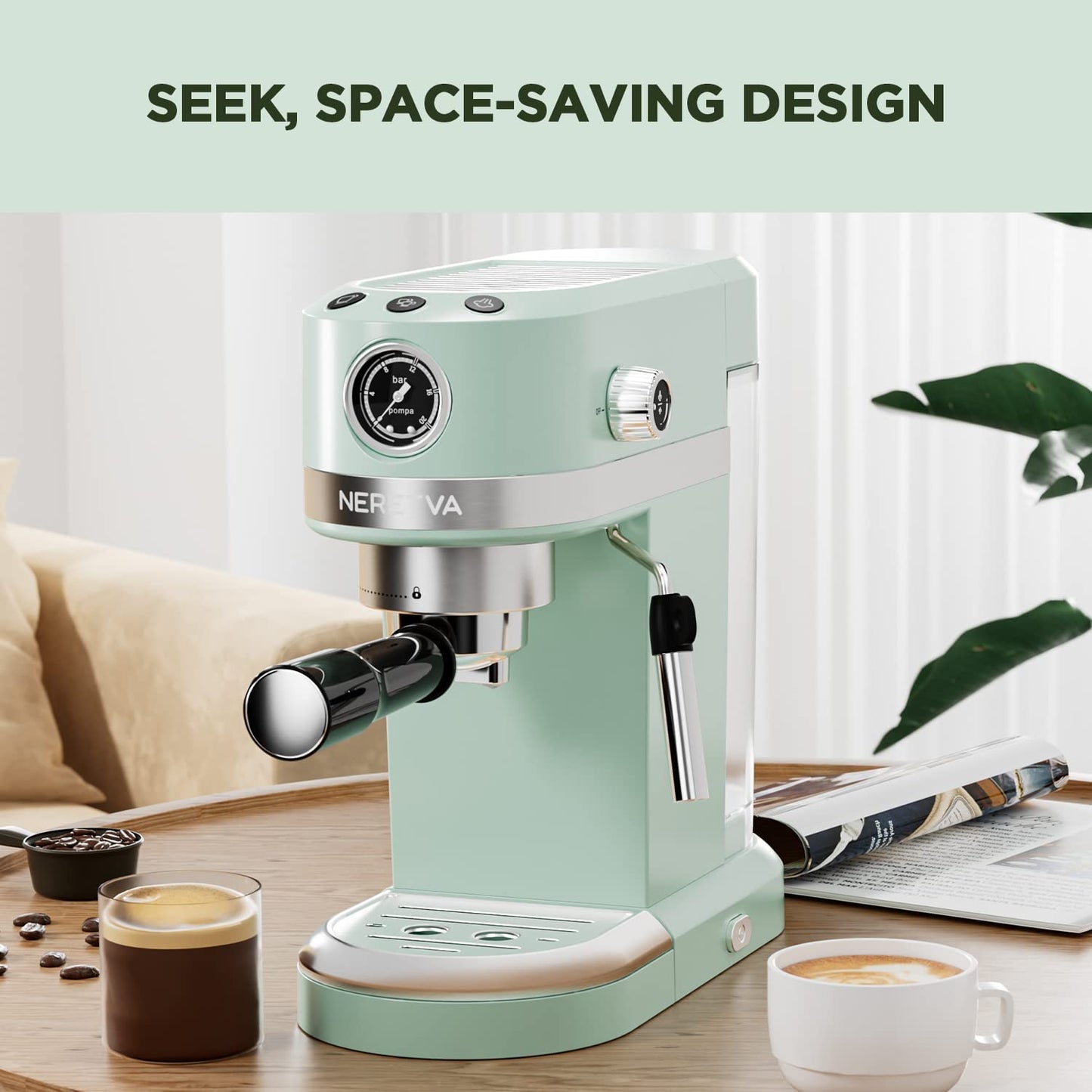 20 Bar Espresso Coffee Machine with Steam Wand for Latte Espresso and Cappuccino, Compact Espresso Maker for Home Barista, 1350W Premium Italian High Pressure - Mint Green