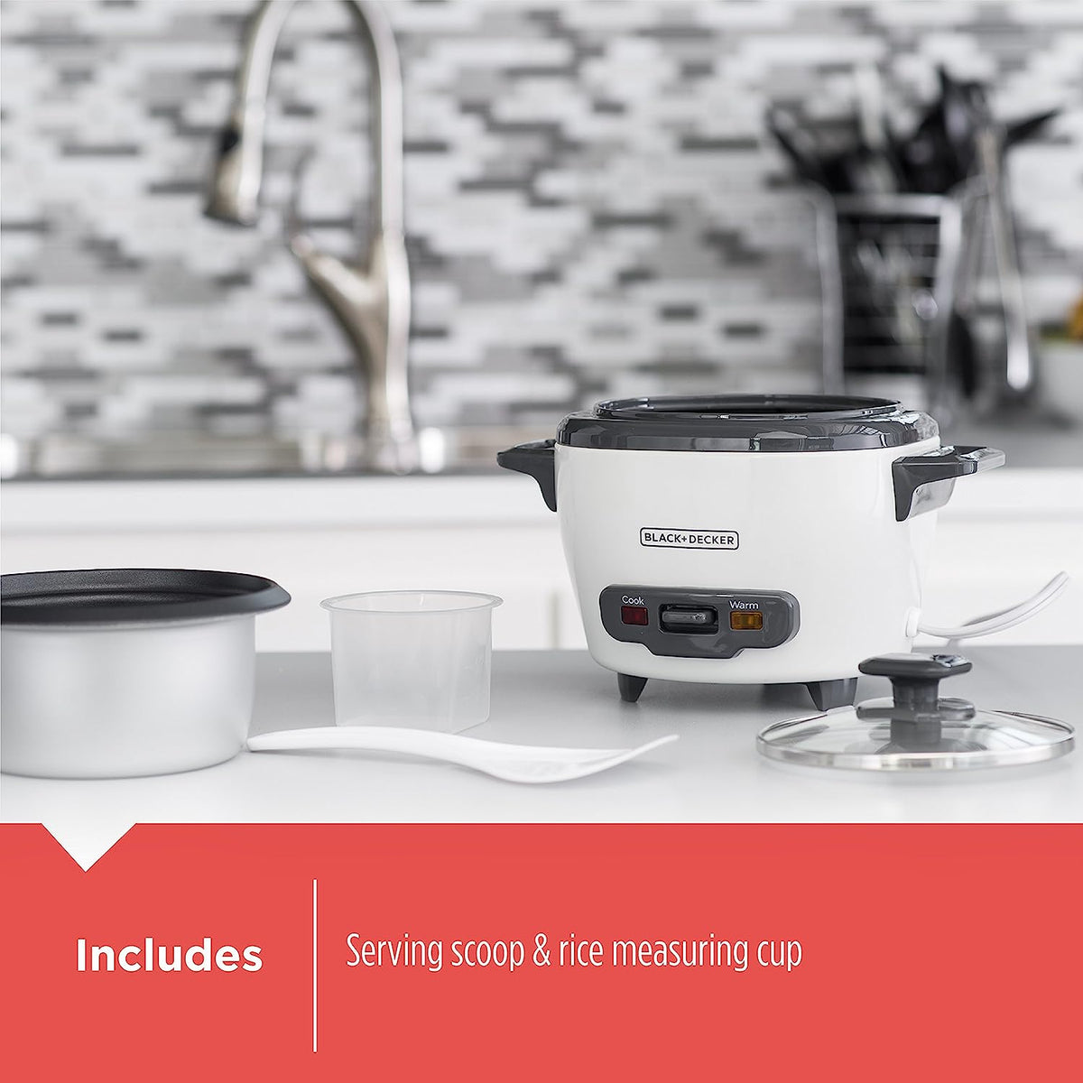 BLACK+DECKER Rice Cooker 3 Cups Cooked (1.5 Cups Uncooked) with Steaming Basket, Removable Non-Stick Bowl, White