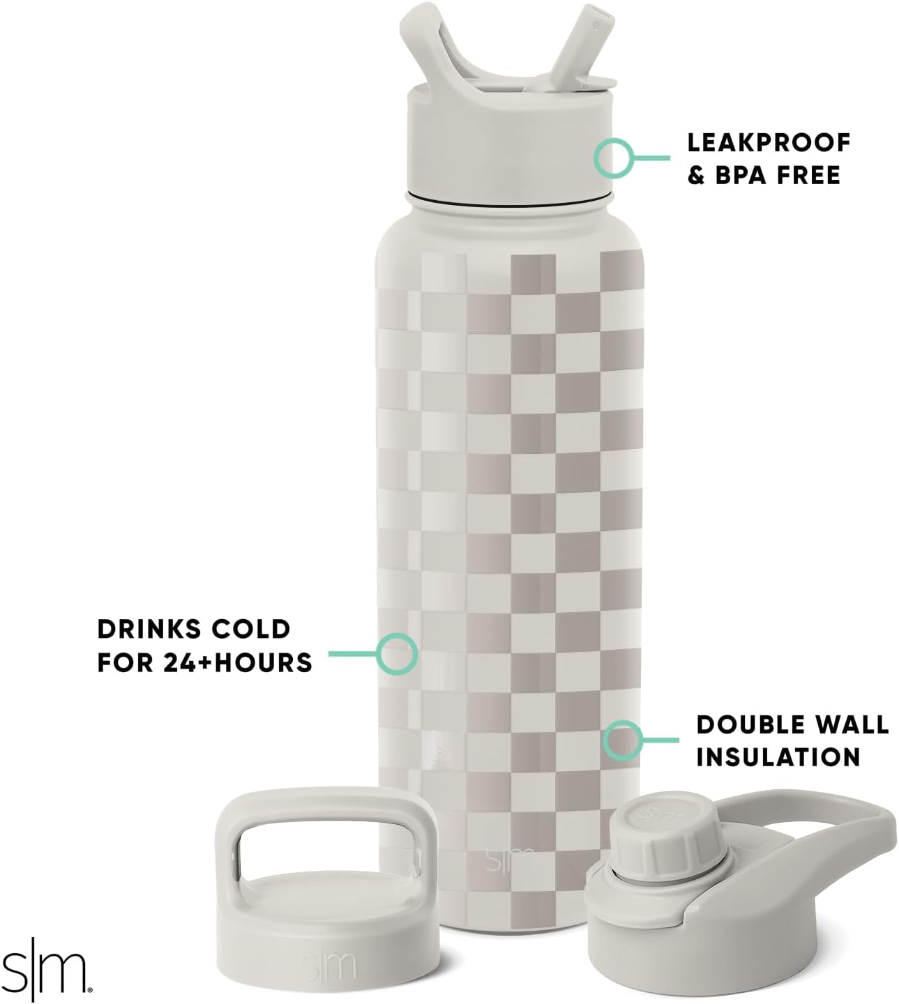 Water Bottle with Straw, Handle, and Chug Lid Vacuum Insulated Stainless Steel Metal Thermos Bottles | Large Leak Proof Bpa-Free Flask for Gym | Summit Collection | 40Oz, Checkmate