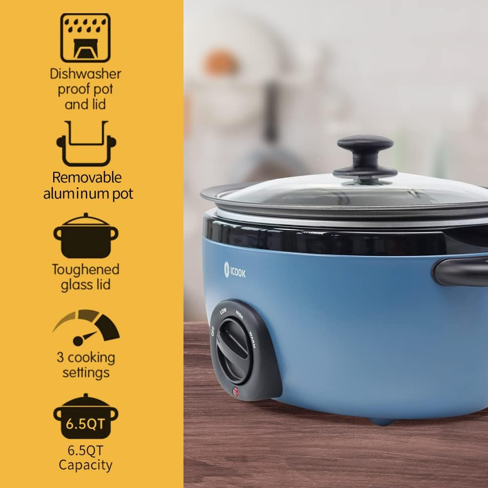 USC-65-OP001BL 6.5 Quart Slow Cooker,Aluminium Sear/Sauté Stew Pot Stovetop Safe,Dishwasher Safe,Glass Lid,Adjustable Temp,Food Warmer,Blue