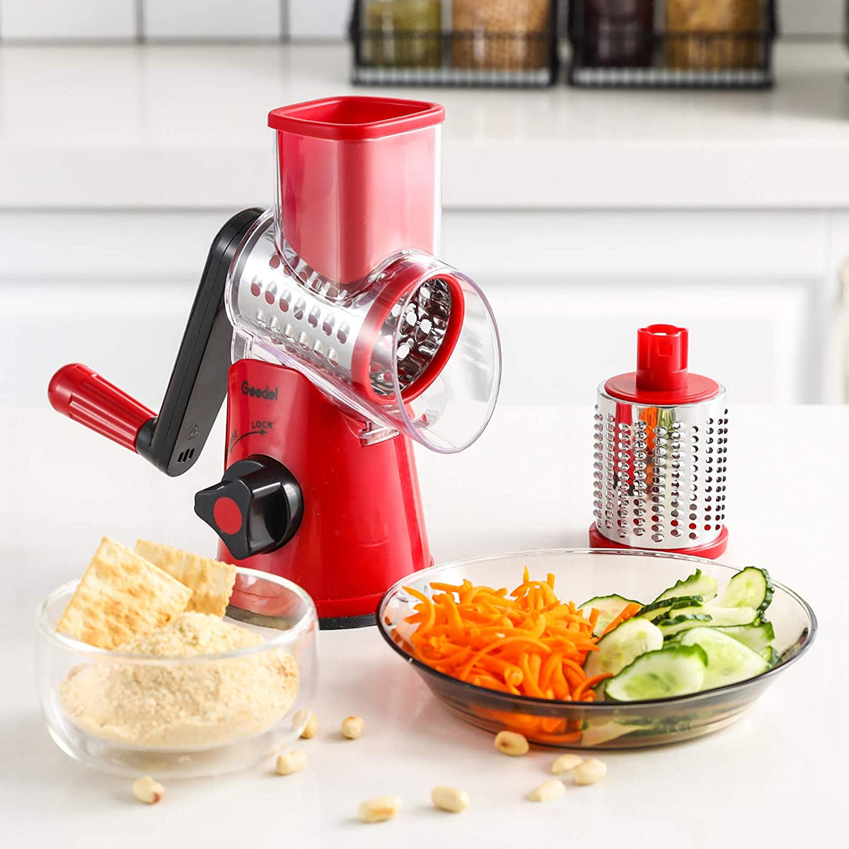 Rotary Cheese Grater, Kitchen Mandoline Grater with 2 Drum Blades, Easy to Clean Rotary Grater Cheese Shredder for Fruit, Vegetables, Nuts