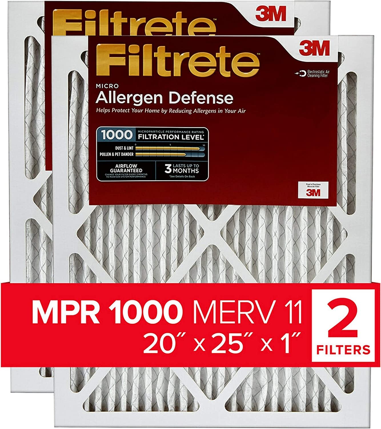 20X25X1, AC Furnace Air Filter, MPR 1000, Micro Allergen Defense, 2-Pack (Exact Dimensions 19.688 X 24.688 X 0.84)